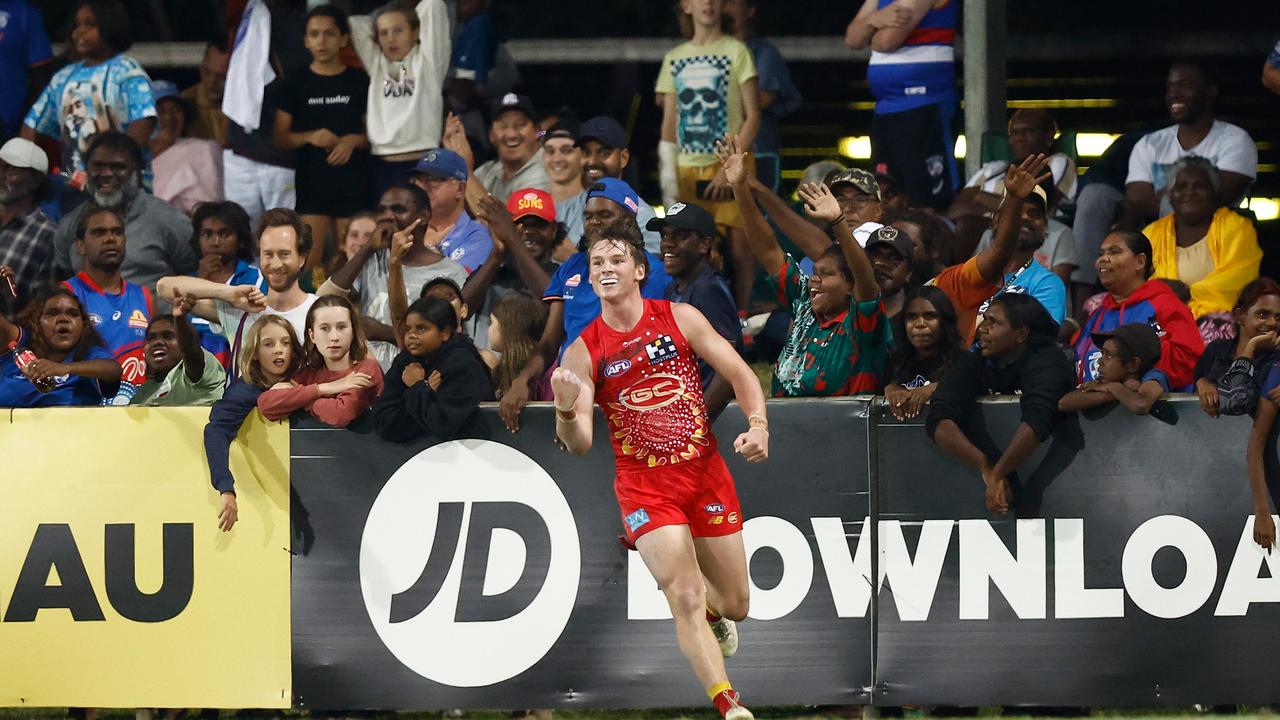 Bailey Humphrey celebrates the match-sealing goal against the Western Bulldogs. Picture: Getty Images