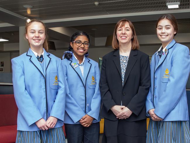 Schools story about student-teacher ratios. Lowther Hall has good student-teacher ratios.  Principal Elisabeth Rhodes with year 7 students, Adele Conkling (blonde), Jemma Choong ( brown hair any tail) and Parami Illeperuma. Picture: Sarah Matray