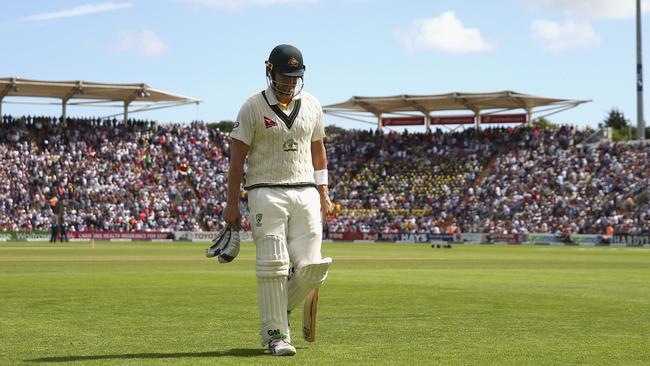 Shane Watson walks to the dressing room after being dismissed in the first Test of the 2015 Ashes series. Picture: Getty Images.