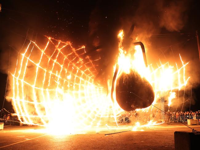 The spider shaped Ogoh-Ogoh engulfed in fire during The Burning at Dark Park. Picture: LUKE BOWDEN