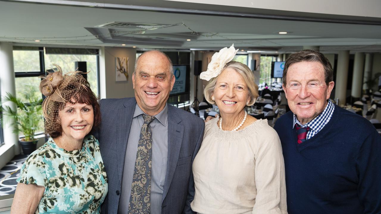 At the Melbourne Cup luncheon hosted by Rotary Club of Toowoomba City are (from left) Donna Schmidt, Roxley Schmidt, Pam Campbell and Henry Campbell raising funds for Protea Place, Tuesday, November 1, 2022. Picture: Kevin Farmer