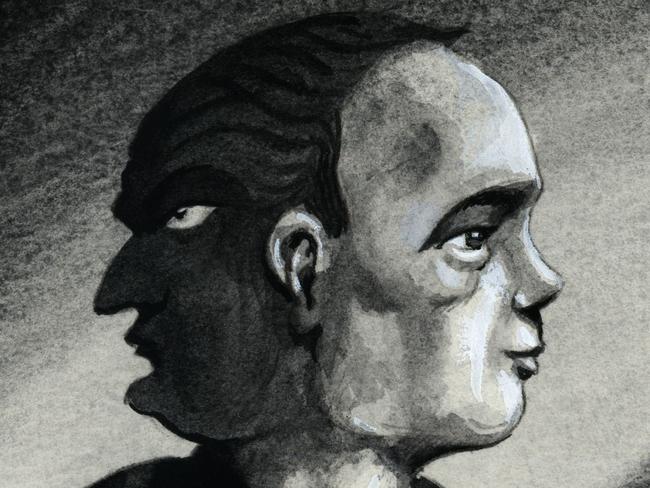 Illustration by John Tiedemann of a man with black face and white face wrapped in Australian flag, to accompany article on racism, particularly race-related violence, in Australia.