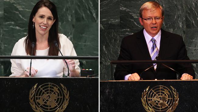 Mirror image ... New Zealand Prime Minister Jacinda Ardern and then-Australian Prime Minister Kevin Rudd address the United Nations General Assembly in 2018 and 2008 respectively.