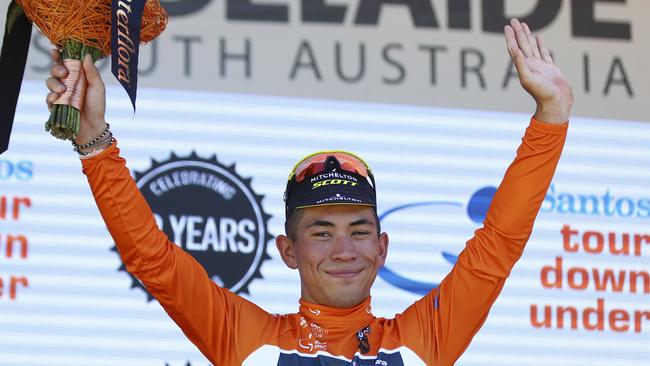 CYCLING - TOUR DOWN UNDER STAGE 2 - Unley to Stirling. Caleb Ewan on the podium - stage winner and new Ochre Jersey. Picture Sarah Reed