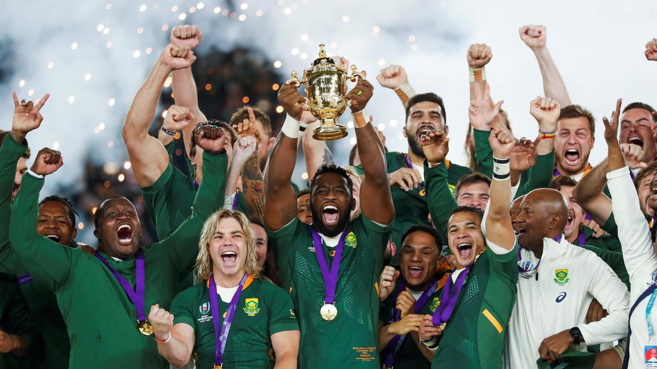 South Africa celebrate winning the 2019 Rugby World Cup final against England. Picture: AFP