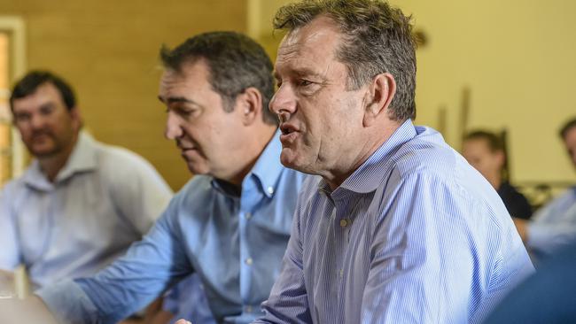 Primary Industries Minister Tim Whetstone speaks alongside SA Premier Steven Marshall during a community meeting with local business owners and farmers in Cleve, as part of a tour of drought-affected areas last year. Picture: AAP/Roy VanDerVegt