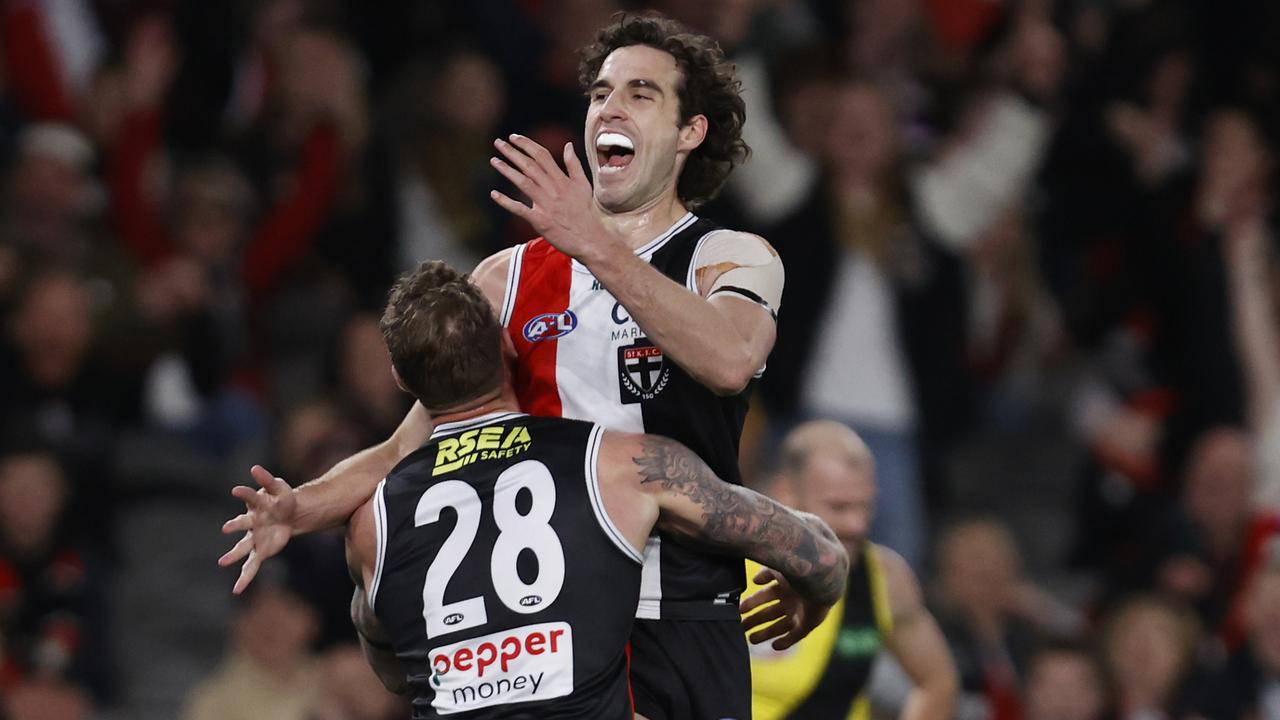 MELBOURNE, AUSTRALIA - AUGUST 13: Max King of the Saints celebrates a goal during the round 22 AFL match between St Kilda Saints and Richmond Tigers at Marvel Stadium, on August 13, 2023, in Melbourne, Australia. (Photo by Darrian Traynor/Getty Images)