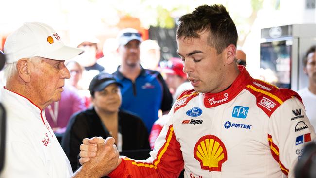 GOLD COAST, AUSTRALIA – OCTOBER 26: (EDITORS NOTE: A polarising filter was used for this image.) (L-R) Dick Johnson team owner of DJR Team Penske congratulates Scott McLaughlin driver of the #17 Shell V-Power Racing Team Ford Mustang during the top ten shootout during the Gold Coast 500 Supercars Championship round on October 26, 2019 in Gold Coast, Australia. (Photo by Daniel Kalisz/Getty Images)