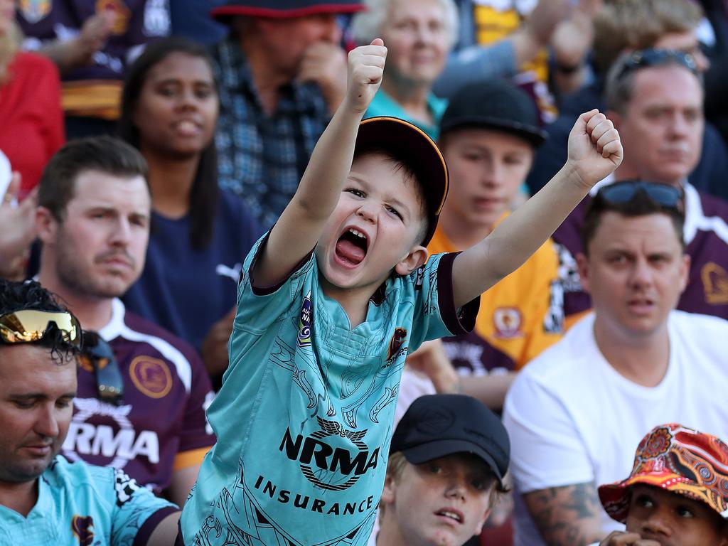 Colton Mann, 5, Jamboree Heights reacts to the Broncos field goal, NRL Broncos v Dragons Round, Suncorp Stadium, Milton. Photographer: Liam Kidston.