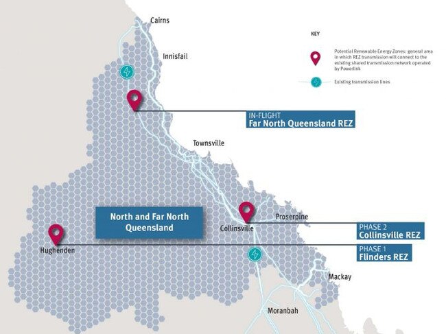 The North and Far North Queensland Renewable Energy Zones span from Cairns in the north to Mackay in the south, and west to Hughenden. Picture: Department of Energy and Public Works