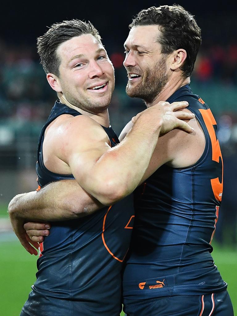 Toby Greene and Sam Reid celebrate the Giants Elimination Final triumph in 2021. Picture: Steve Bell/AFL Photos/via Getty Images