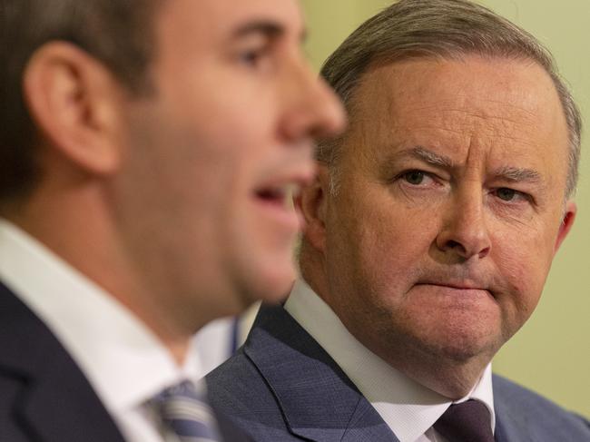 Opposition leader Anthony Albanese (right) looks on as Shadow Treasurer Jim Chalmers speaks during the Labor Party cabinet meeting in Melbourne, Monday, June 24, 2019. (AAP Image/Daniel Pockett) NO ARCHIVING