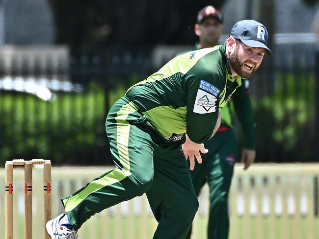 Joshua Chadwick of the Rovers bowls in Saturdays match against Atherton at Griffith Park. Picture Emily Barker.