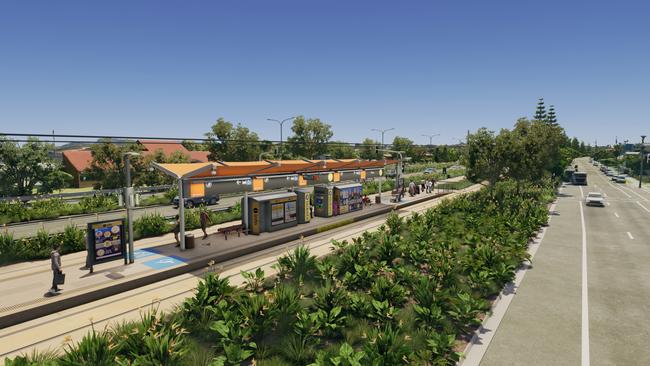 Artist impression of Gold Coast Light Rail Stage 4 between Tugun and Coolangatta, including Gold Coast Airport and the NSW border. Picture: Department of Transport and Main Roads.