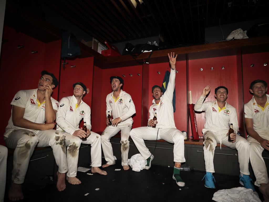 MANCHESTER, ENGLAND - SEPTEMBER 08: The Australian Cricket Team celebrate in the change rooms after Australia claimed victory to retain the Ashes during day five of the 4th Specsavers Test between England and Australia at Old Trafford on September 08, 2019 in Manchester, England. (Photo by Ryan Pierse/Getty Images)