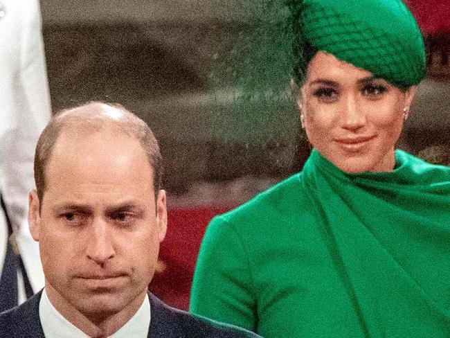 (FILES) In this file photo taken on March 09, 2020 Britain's Prince Harry, Duke of Sussex (L) and Britain's Meghan, Duchess of Sussex (2nd R) follow Britain's Prince William, Duke of Cambridge (C) and Britain's Catherine, Duchess of Cambridge (R) as they depart Westminster Abbey after attending the annual Commonwealth Service in London. - Queen Elizabeth II's record-breaking reign has been marked by a commitment to duty despite personal setbacks, but the death of her husband will put that stoicism to the ultimate test.  The 94-year monarch now faces the twilight of her reign without her most trusted advisor and personal confidant, raising questions about how she will cope in running a family mired in crisis and scandal. (Photo by Phil Harris / POOL / AFP)