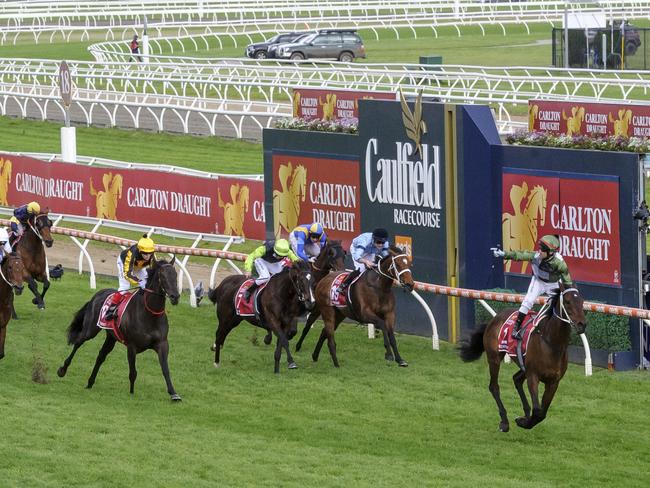 MELBOURNE, AUSTRALIA - OCTOBER 16: Brett Prebble riding Incentivise winning Race 9, the Carlton Draught Caulfield Cup, during Caulfield Cup Day at Caulfield Racecourse on October 16, 2021 in Melbourne, Australia. (Photo by Vince Caligiuri/Getty Images)