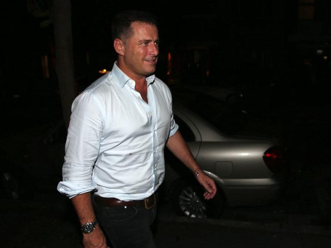 Karl Stefanovic and girlfriend Jasmine Yarbrough dined together at Fratelli Paradiso in Potts Point but split up to leave when they spotted a photographer waiting. Picture: Christian Gilles