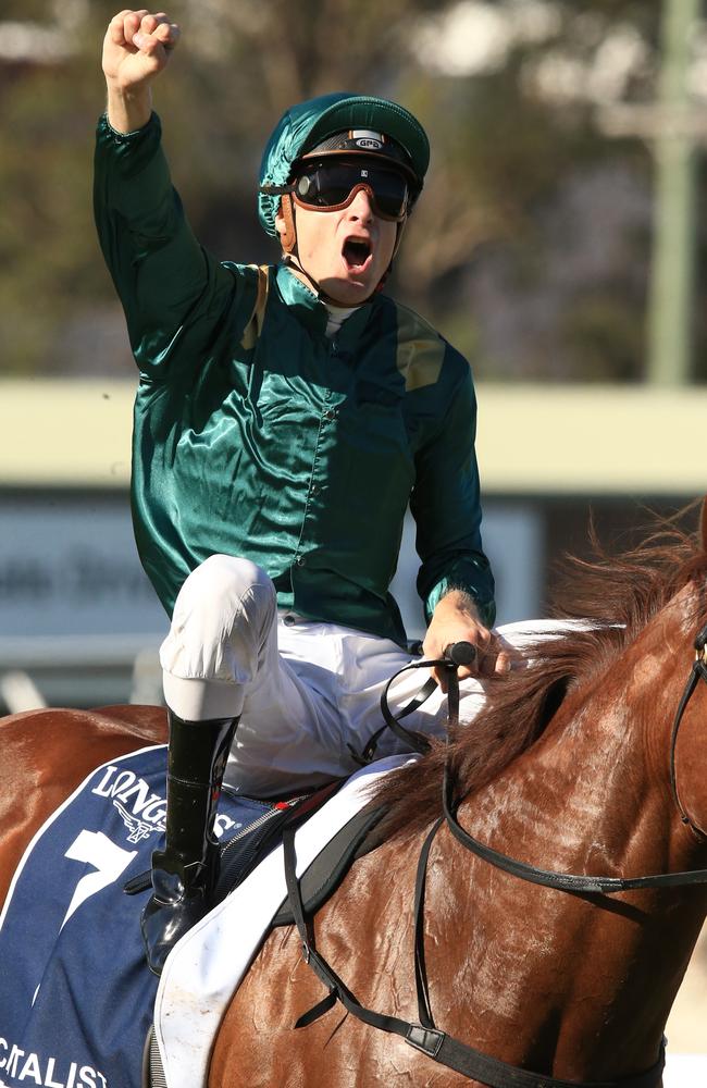 Blake Shinn savours his first Golden Slipper victory. Picture: Jenny Evans