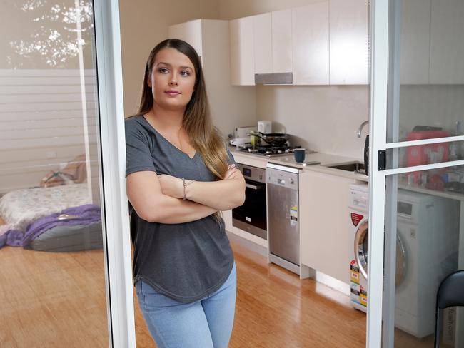 Madison Bellert in her “affordable housing” apartment which she rents in Elanora Heights. Picture: Manly Daily/Adam Ward