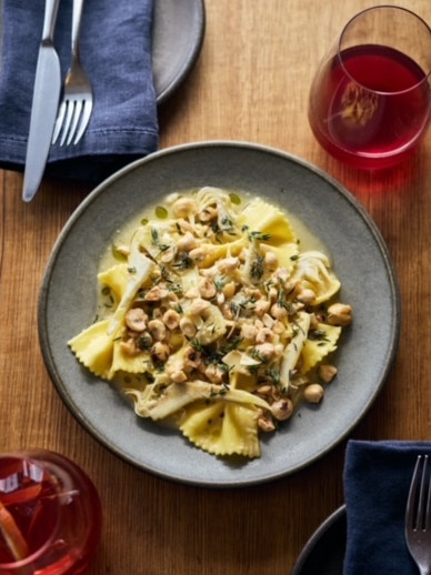 Templo’s farfalle pasta with artichoke and hazelnuts, is one of the dishes on the restaurant’s seasonal menu which changes regularly. Picture: REMI CHAUVIN