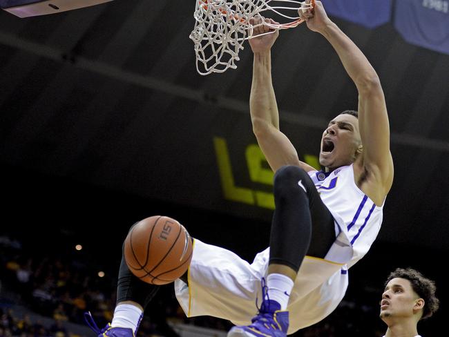 Ben Simmons dunks for LSU. Picture: Hilary Scheinuk/The Advocate