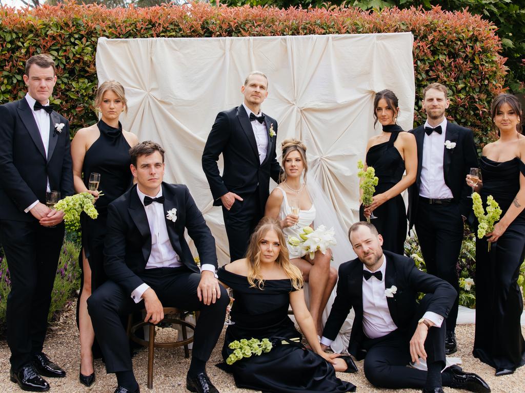 The bridal party rocked chic black and white attire. Picture: Mimo Weddings