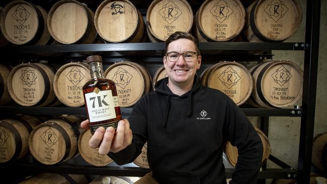 7K Distillery founder Tyler Clark ahead of the release their first ever Tasmanian Single Malt Whisky on Saturday, which coincides with his 29th birthday. Picture: LUKE BOWDEN