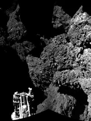 FILE- In this file photo dated Thursday Nov. 13, 2014, a combination photo produced with different images taken with the CIVA camera system released by the European Space Agency ESA, shows Rosetta’s lander Philae after landing safely on the surface of Comet 67P/Churyumov-Gerasimenko, as these first CIVA images confirm. One of the lander’s three feet can be seen in the foreground. Philae became the first spacecraft to land on a comet when it touched down Wednesday on the comet, 67P/Churyumov-Gerasimenko. (AP Photo/Esa/Rosetta/Philae, FILE)