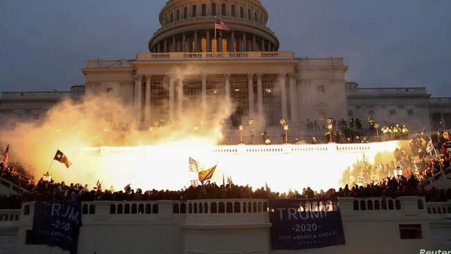 The Capitol is lit up as rioters storm the home of US democracy. Picture: Supplied.