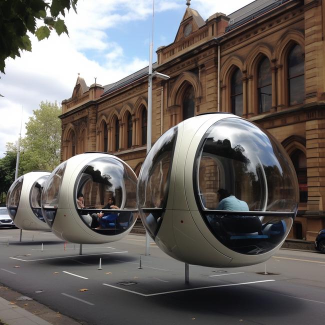 What appear to be futuristic co-working pods outside the former Collingwood Magisrates’ Court.