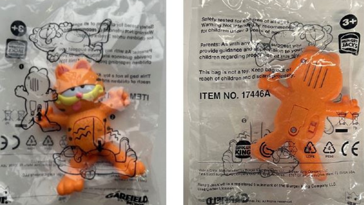 The Garfield meal toy from Hungry Jack’s contains button batteries and has been recalled due to safety concerns. Picture: Hungry Jack’s.