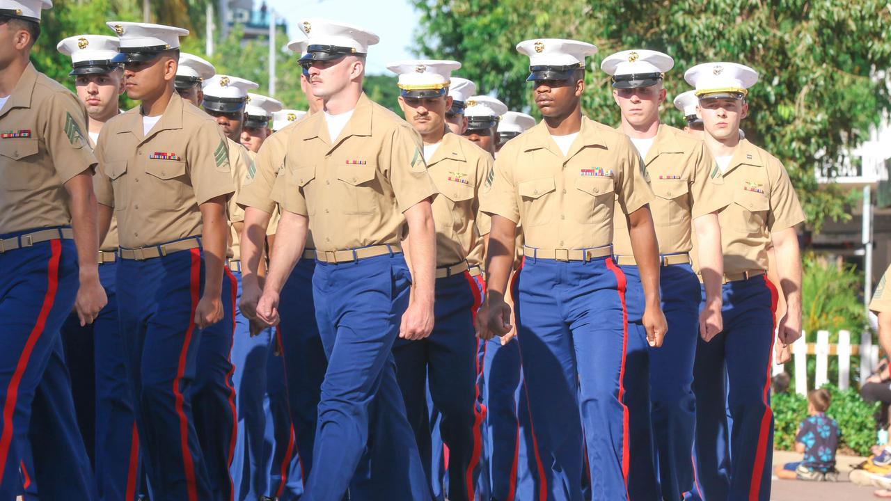 US Marines at the march on Darwin's Knuckey St commemorating ANZAC Day 2021. Picture Glenn Campbell