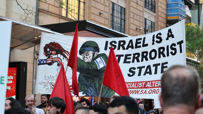 Campuses and streets erupted worldwide with anti-Zionist fury; such as this rally at Sydney Town Hall. Picture: David Swift