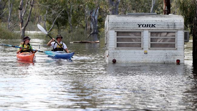 Allie Brinkworth and Stephen Hawsler kayak around flooded shacks due to high water levels on the River Murray at Morgan. Picture: Calum Robertson