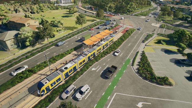 Artist impression of Gold Coast Light Rail Stage 4 between Tugun and Coolangatta, including Gold Coast Airport and the NSW border. Picture: Department of Transport and Main Roads.