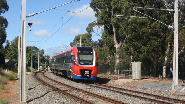 An electric train on the Seaford/Tonsley rail line at Millswood. Picture: Eugene Boisvert