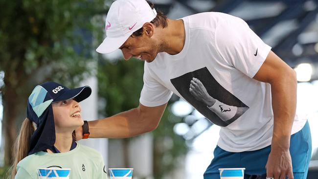 Rafael Nadal met with the ball girl he accidentally hit at Rod Laver Arena . Picture: Mark Stewart