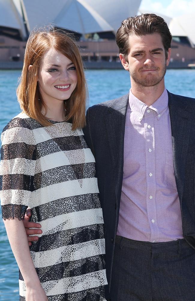 Andrew Garfield and Emma Stone in Sydney yesterday. 