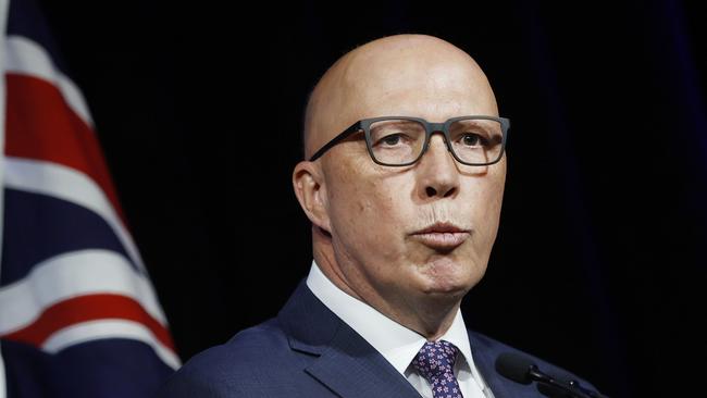 SYDNEY, AUSTRALIA - NewsWire photos NOVEMBER 25, 2023: The Hon Peter Dutton MP, Leader of the Opposition and Parliamentary Leader of the Liberal Party speaks during the Liberal State Convention at the Fullerton Hotel in Sydney. Picture: NCA NewsWire / Dylan Coker