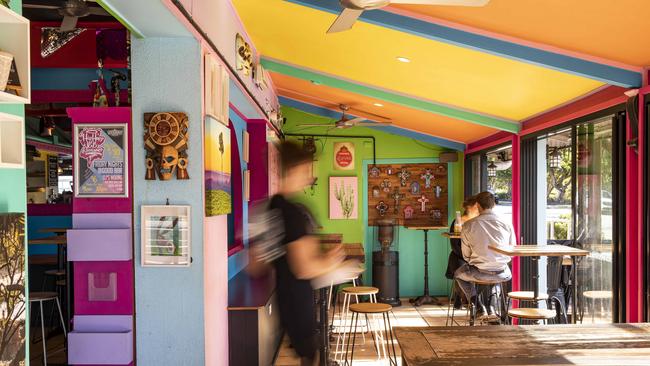 The brightly coloured interiors of Juan Fifty Kitchen and Bar in Alexandra Headland. Picture: Mark Cranitch.