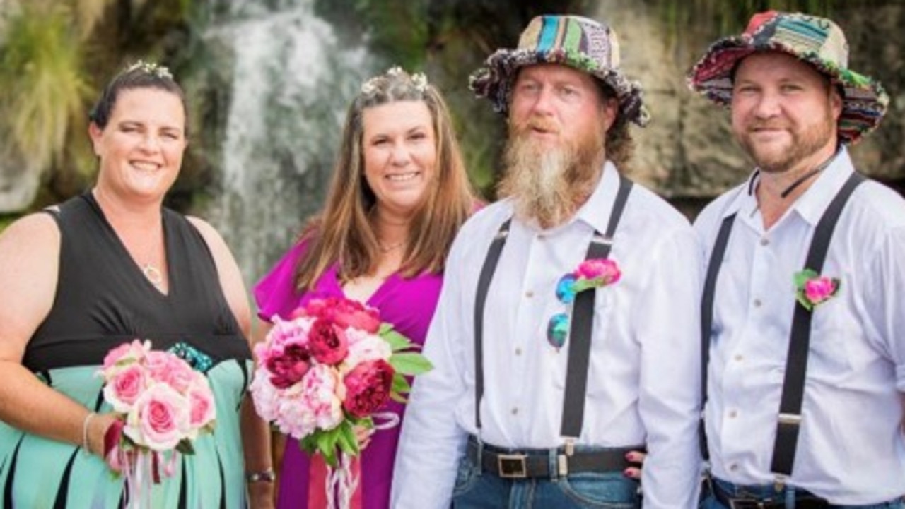 Katrina and Clayton Rose on their wedding day with Casey McLoughlin and Scott Matheson.