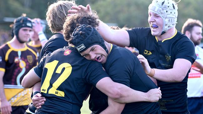 St Laurence's College celebrate AIC First XV rugby grand final between St Laurence's College and Padua College. Saturday June 8, 2024. Picture, John Gass