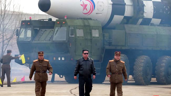 Kim Jong-un has launched a new intercontinental ballistic missile, Hwasong-17, and a Top Gun-inspired video along with it. Picture: AFP/KCNA via KNS