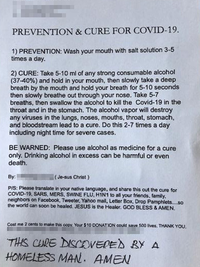 Health authorities have reminded the public that promises of cures such as the one found at Glenelg were fake. There are currently no proven medicines to treat or prevent coronavirus.