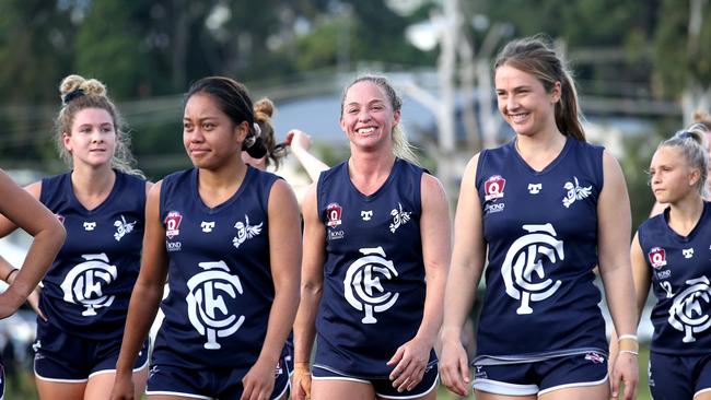 Playing in her 50th AFL game, Coolangatta Tweed Blue Birds Captain Leah Kaslar in action during Saturdays 2020 Bond University QAFLW match at Coolangatta