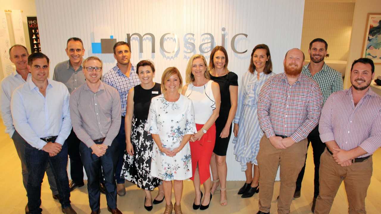 David Handley, Marcus Muir, George Kafantaris, Scott Holmes, Brendan Dale, Bobbie Murphy, Kim Brand, Trina Martin, Kerry Croaker, Margie Sullivan, Peter Bell, Brook Monahan and Taylor Booysen at Mosaic Property Group's opening of their new Sunshine Coast office at Duporth Ave, Maroochydore. Picture: Erle Levey