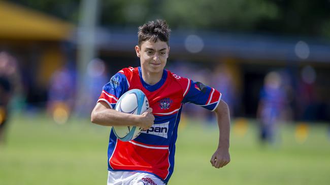 Under-14 and Under-15 finals of the King of the Country rugby union tournament at Gold Coast Eagles Rugby Union Club on Sunday 10 April 2022. Under 14's playing for 3rd place, Bond Pirates (Red) vs Maroochydore Swans. Picture: Jerad Williams