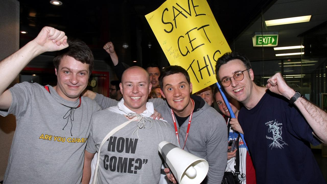 Listeners protested after Get This was axed by Triple M. Pictured are Richard Marsland, Ed Kavalee and Tony Martin.