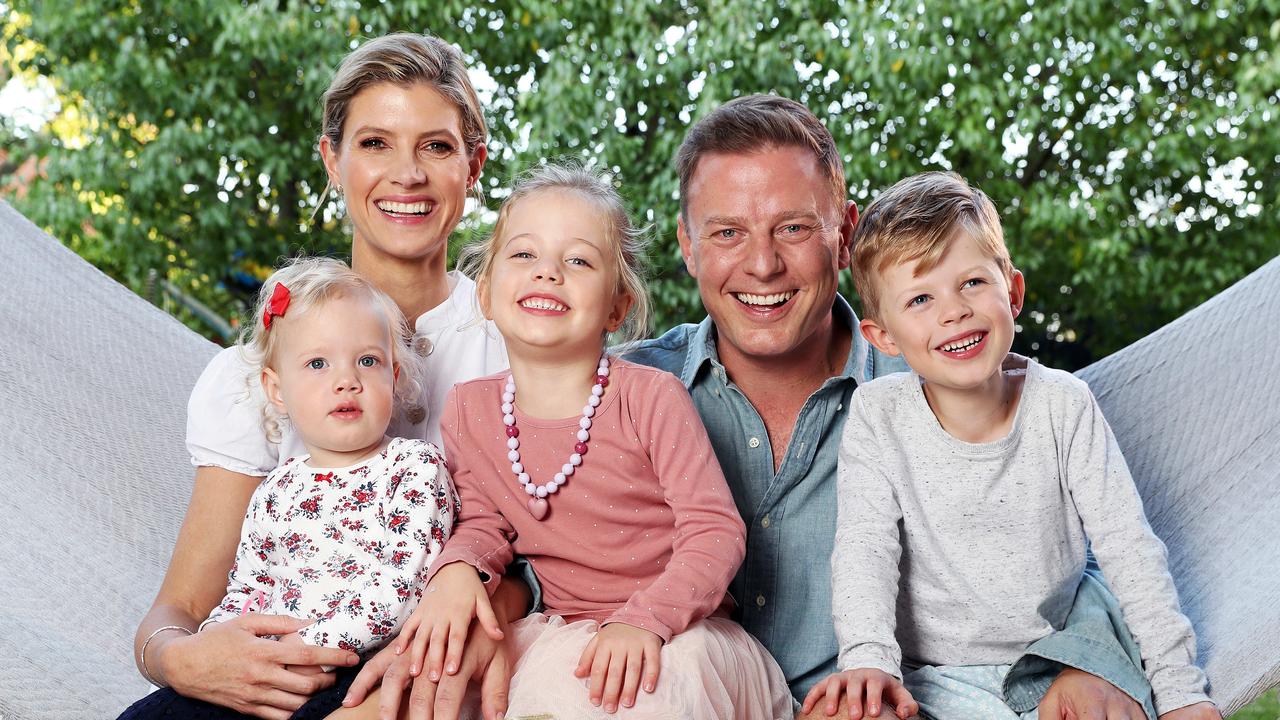 Ben Fordham and Jodie Speers with their kids Freddie, Pearl and Goldie. Picture: Tim Hunter